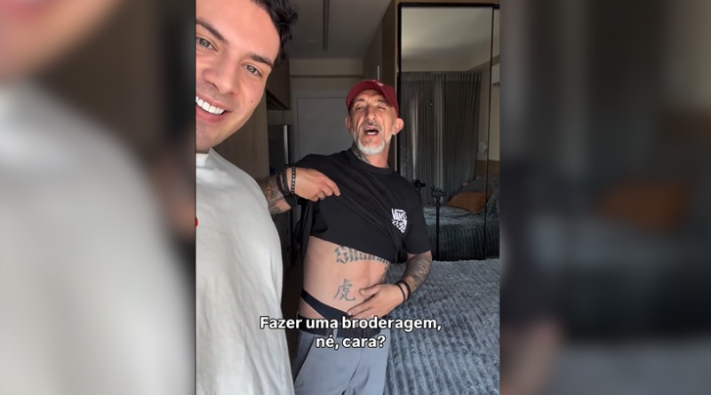 De calcinha, Cristian Cravinhos grava cena com ator pornô: “Broderagem”